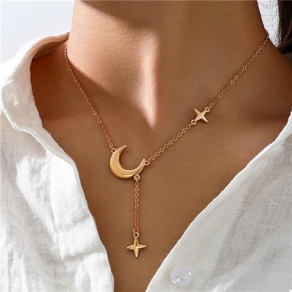 18K Gold-Plated Moon and Star Gold Chain Necklace - Picture 1 of 5